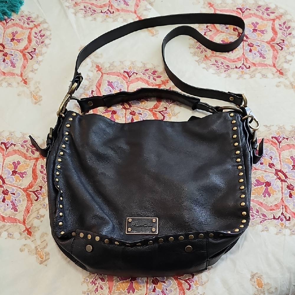 Keneth Cole Black Studded Leather Shoulder Bag with Crossbody Strap